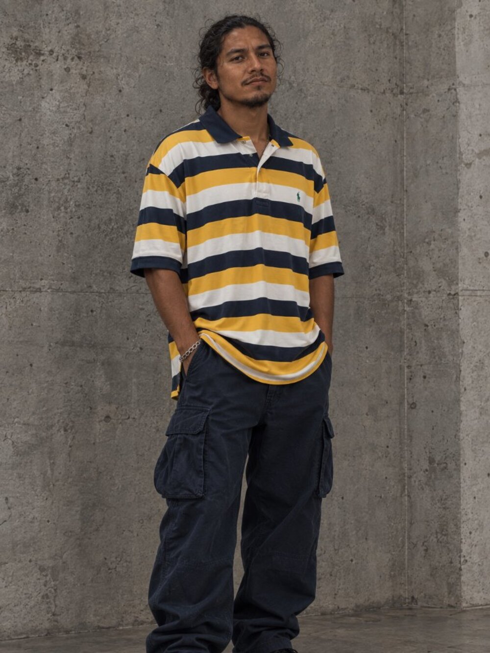 Vintage Polo Ralph Lauren Mens LT Striped Polo Shirt Y2K Blokecore Navy Yellow